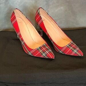 J Crew Elsie Pump in Red Tartan Plaid Pointed Toe Stiletto Heels Size 8.5